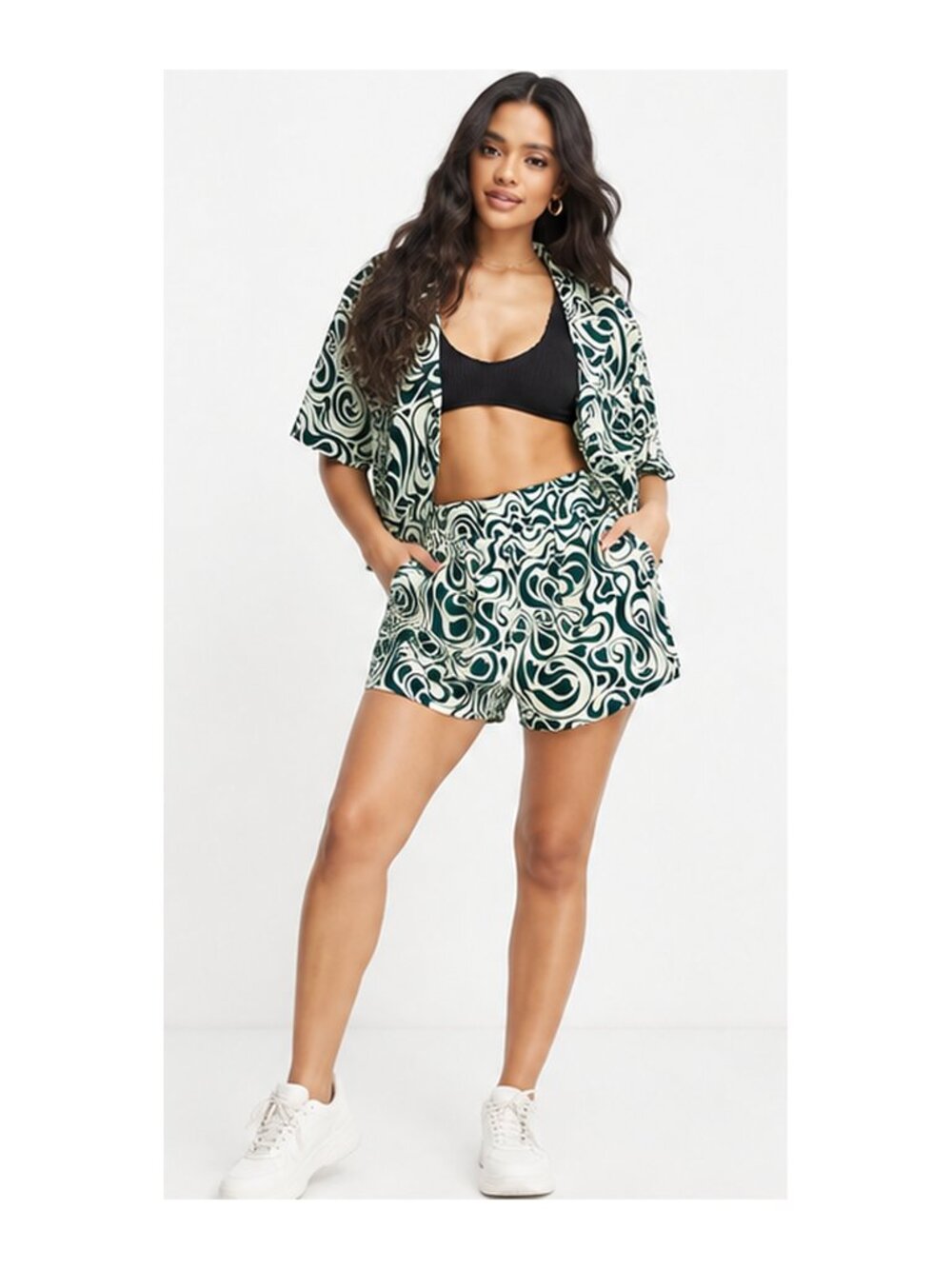 Monki Boxy Beach Shirt Shorts Co-ord Set Mini Heart Swirl S US 6